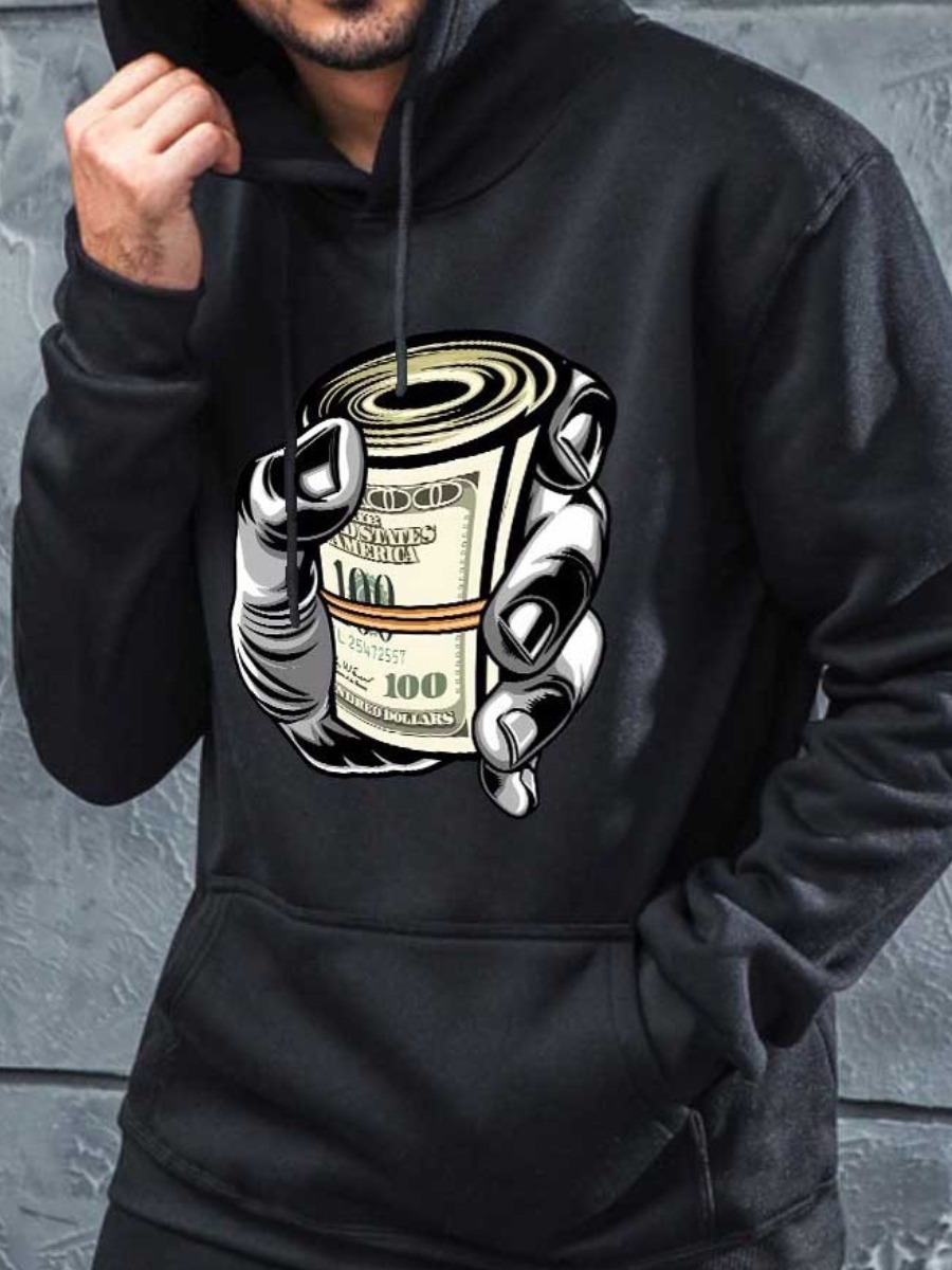 LW Men Money Print Kangaroo Pocket Hoodie