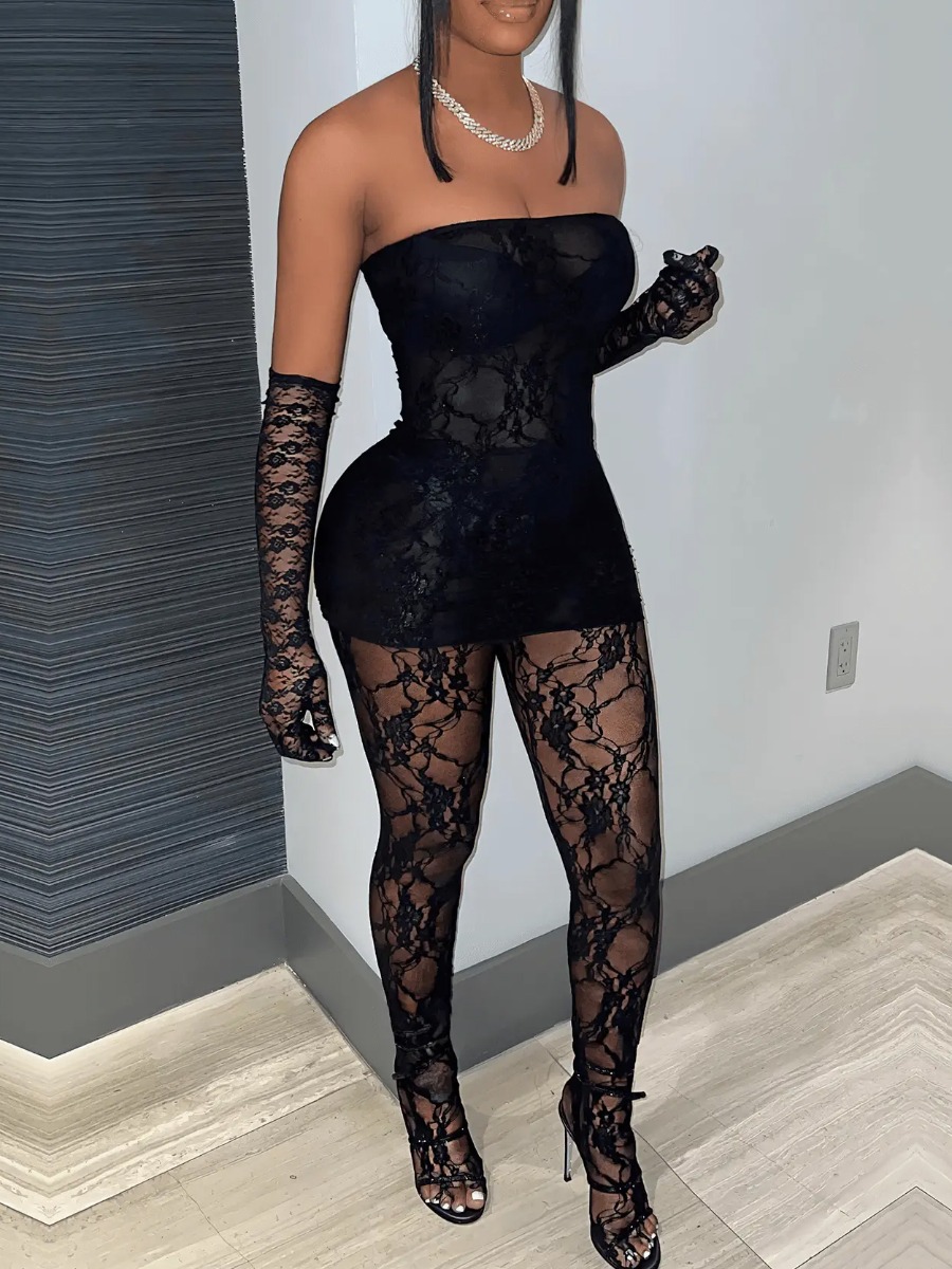 LovelyWholesale SXY Off The Shoulder Lace See Through Skinny Pants Set Spring Sleeveless Sxy See Through Strapless Spring Summer 2024