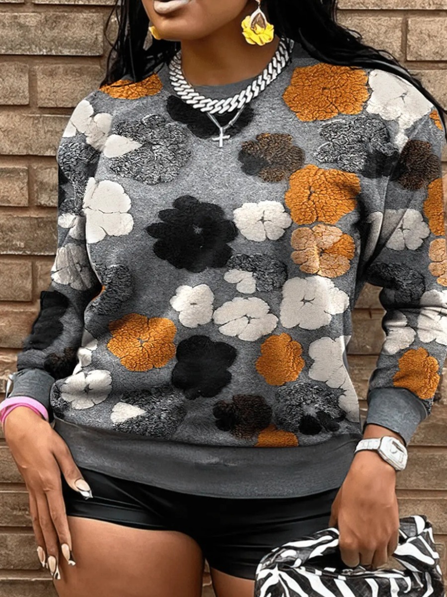 LW Plus Size Round Neck Floral Decor Sweatshirt