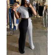 LW V Neck Crop Top Patchwork Pants Set