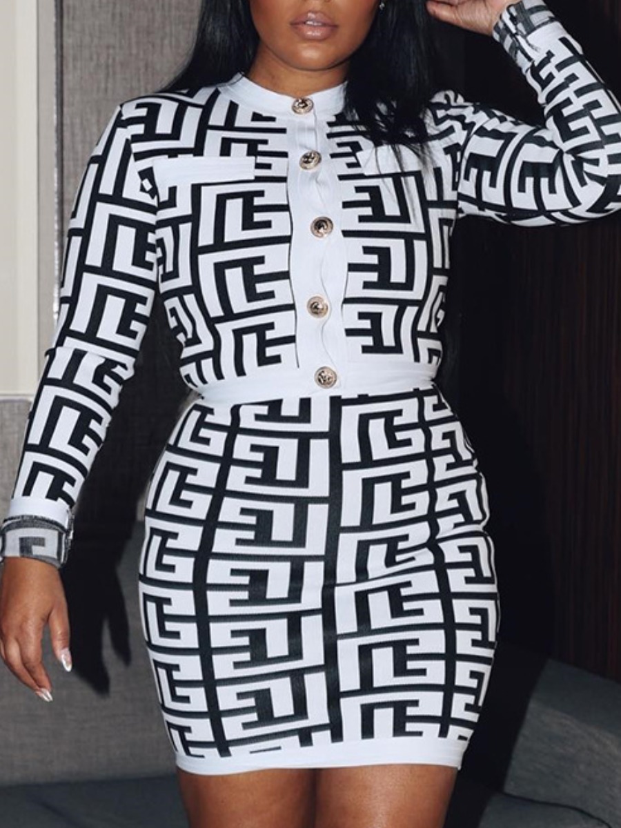 LW Geometric Print Button Design Skirt Set