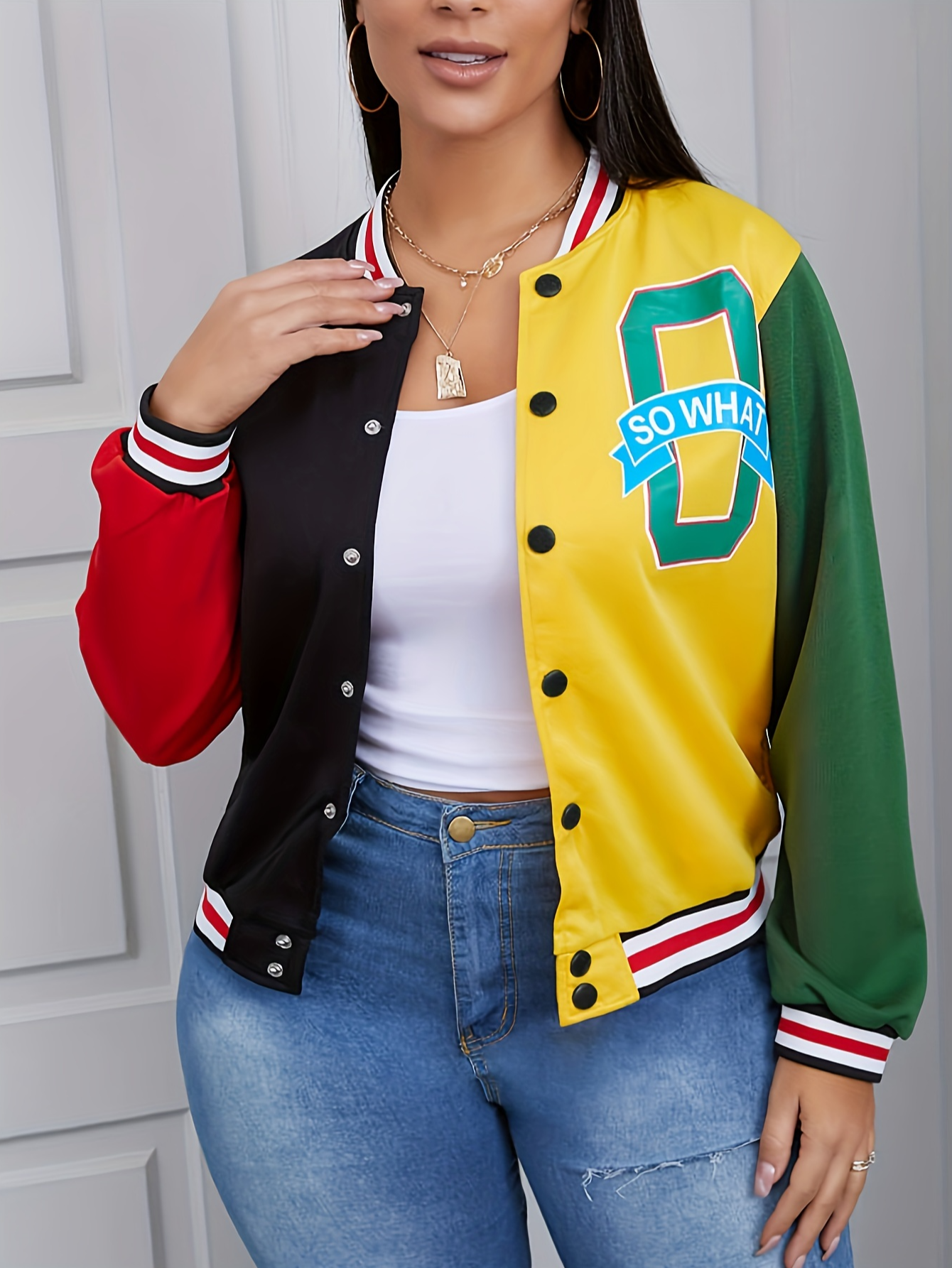 LW Letter Decor Striped Patchwork Coat