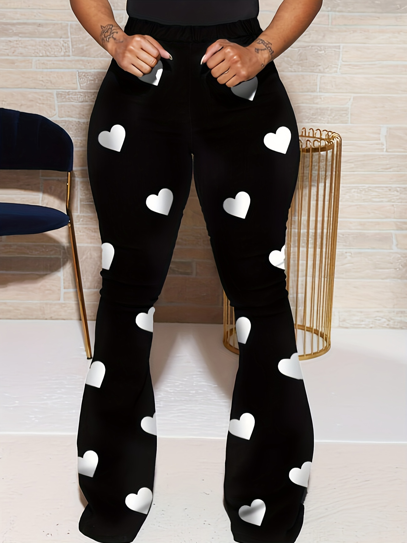 LovelyWholesale High Waist Heart Print Flared Pants Spring|Fall Casual Basic Spring Summer 2024