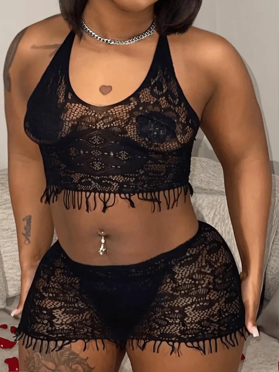 LW SXY Plus Size See Through Lace Tassel Design Skirt Set