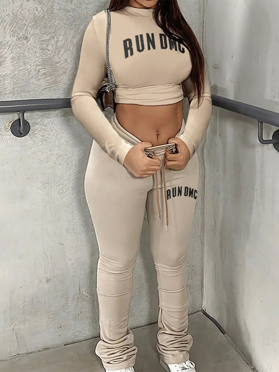 LovelyWholesale Drawstring Letter Two-piece Pants Set Fall Long Sleeve Casual Drawstring Round Neck Spring Summer 2024