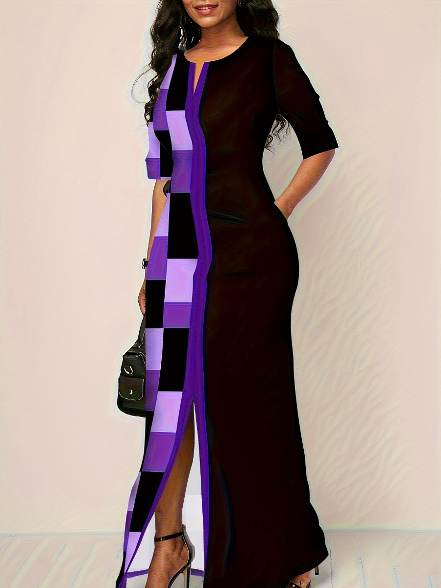 LovelyWholesale Plus Size Plaid Print Pocket Design Dress Summer Half Sleeve Casual Split V Neck  5X Spring Summer 2024