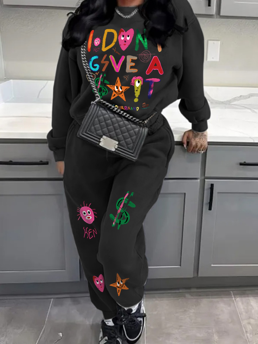 LW Cartoon Letter Print Kangaroo Pocket Tracksuit Set