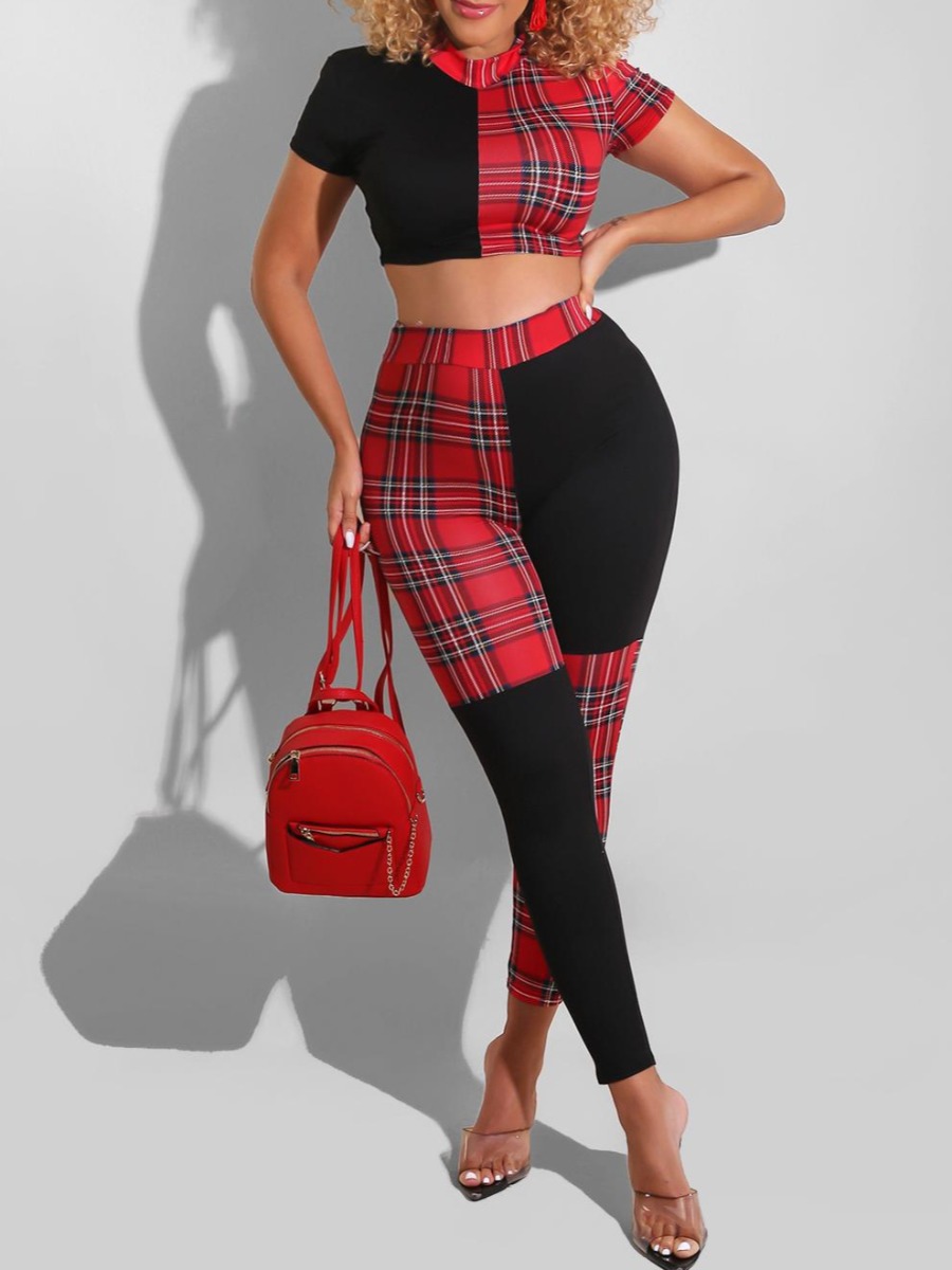 LW Crop Top Plaid Print Pants Set