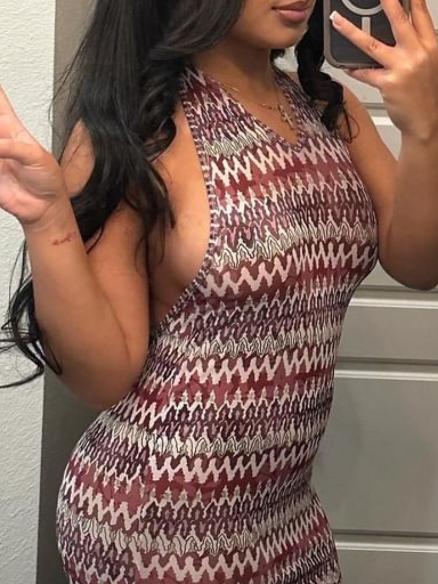 LovelyWholesale Geometric Print Backless Bodycon Dress Summer Sleeveless Vacation Bandage Design V Neck Spring Summer 2024