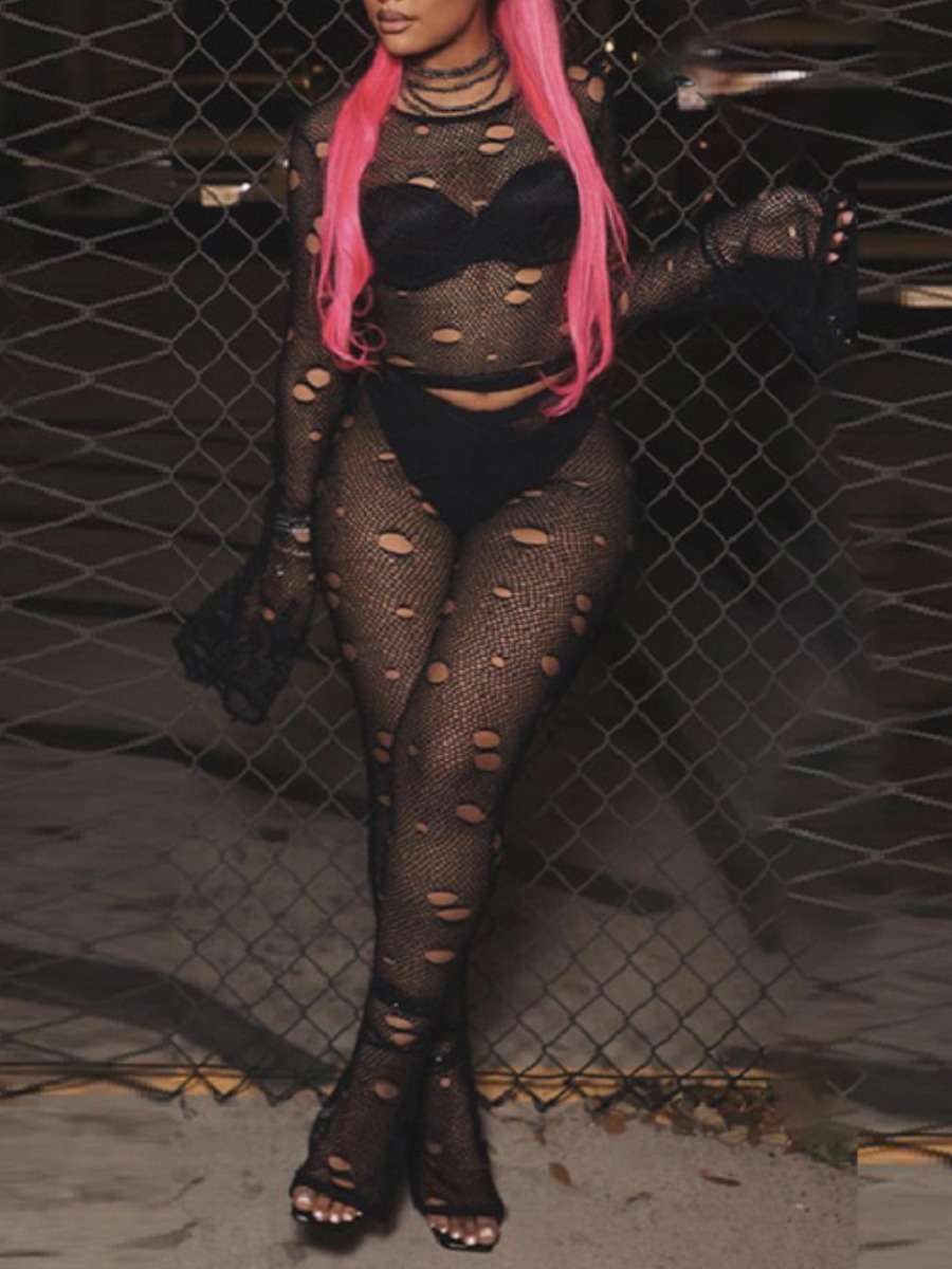 LovelyWholesale SXY Crop Top See Through Flared Pants Set Fall Long Sleeve Sxy Cut Out Round Neck Spring Summer 2024
