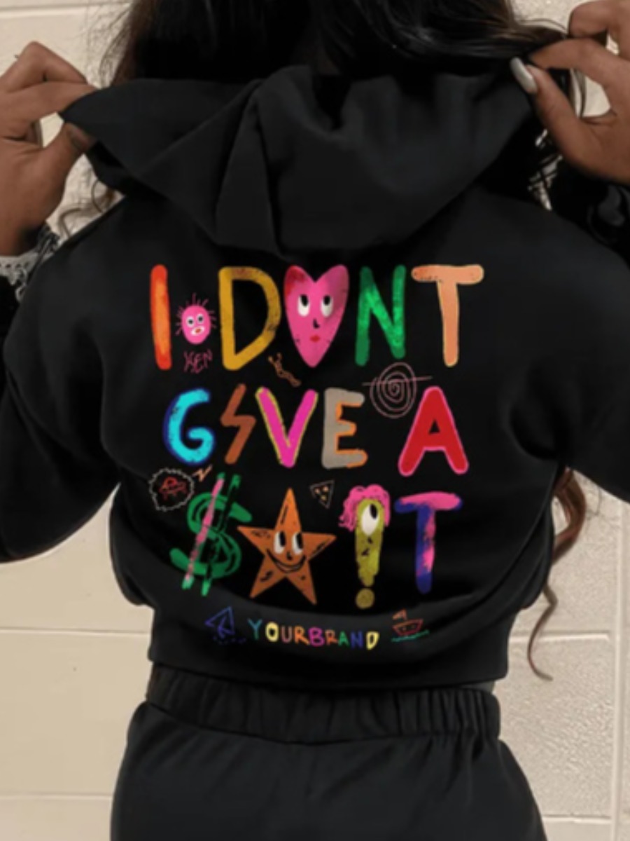 LW Cartoon Letter Print Kangaroo Pocket Hoodie