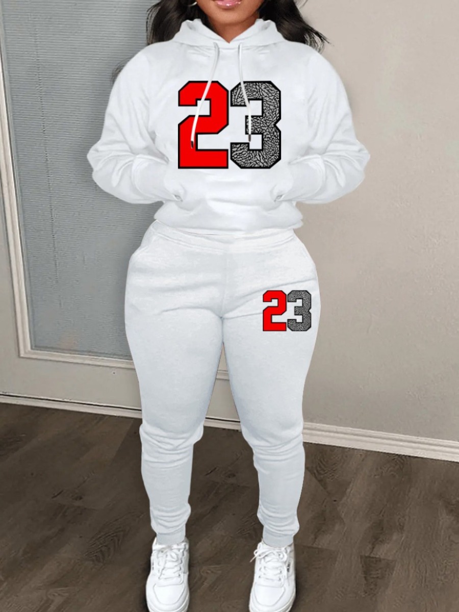 LW Plus Size Number 23 Print Kangaroo Pocket Tracksuit Set