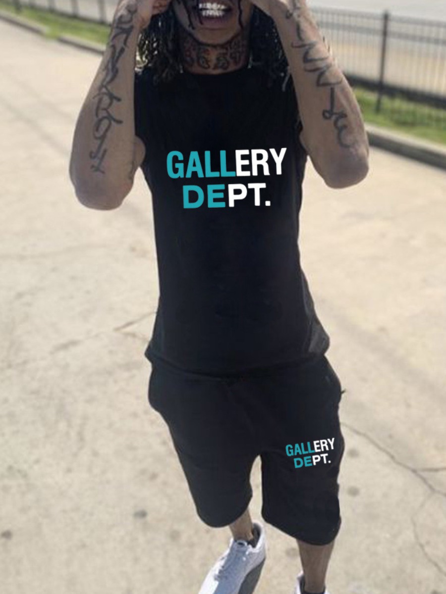 LovelyWholesale Men Round Neck Letter Print Drawstring Shorts Set Summer Short Sleeve Casual None Round Neck Spring Summer 2024