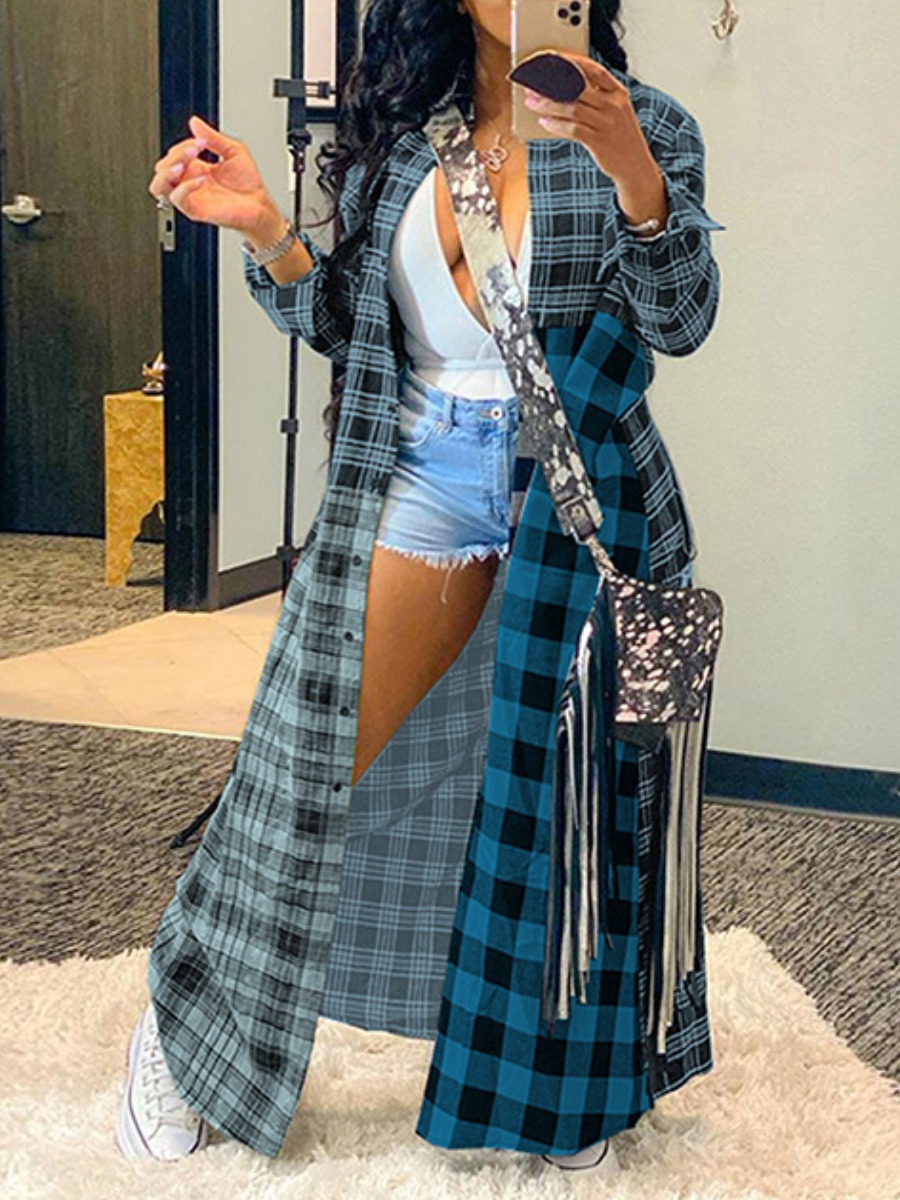 LovelyWholesale Plus Size Plaid Print Regular Fit Trench Coat Fall Nine Points Sleeve Street None Turndown Collar  3X Spring Summer 2024