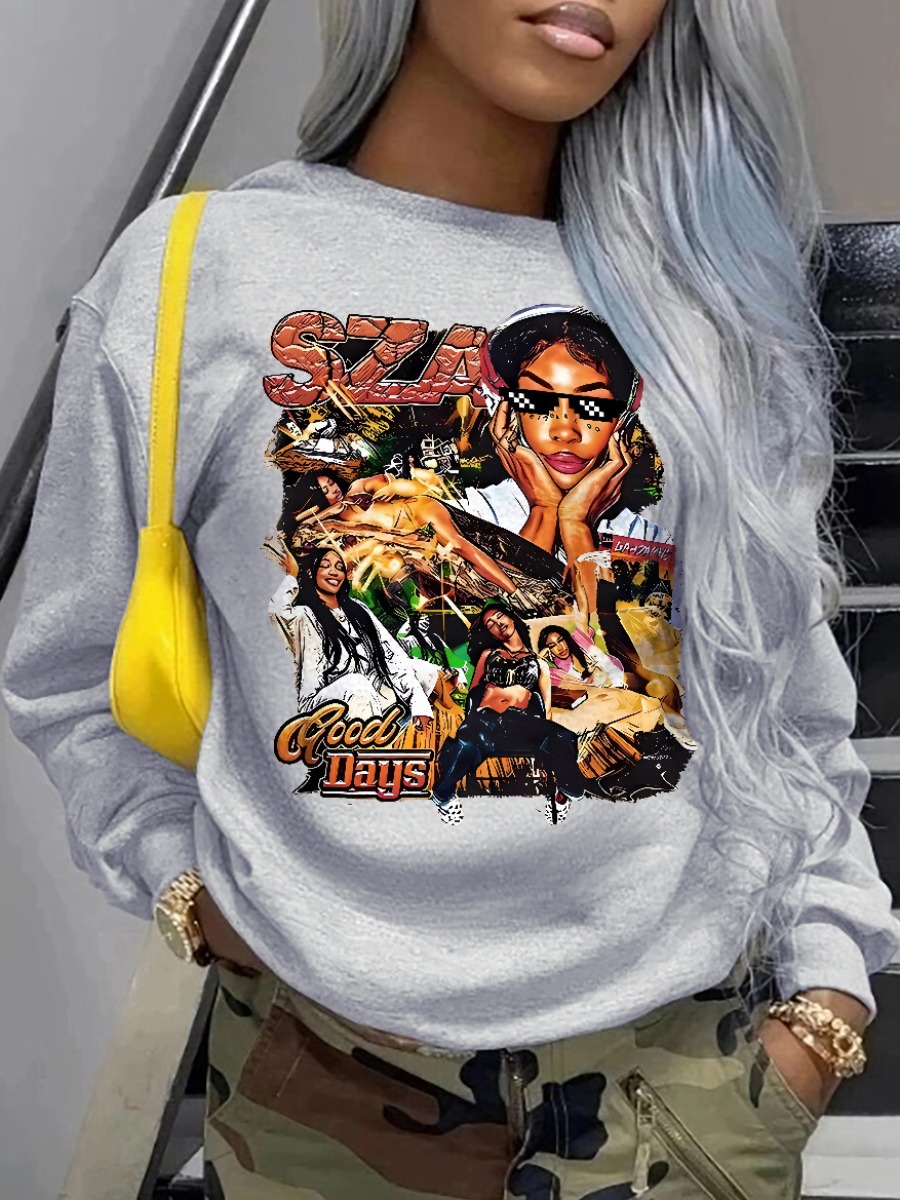 LW Pattern Figure Print Letter Loose Sweatshirt