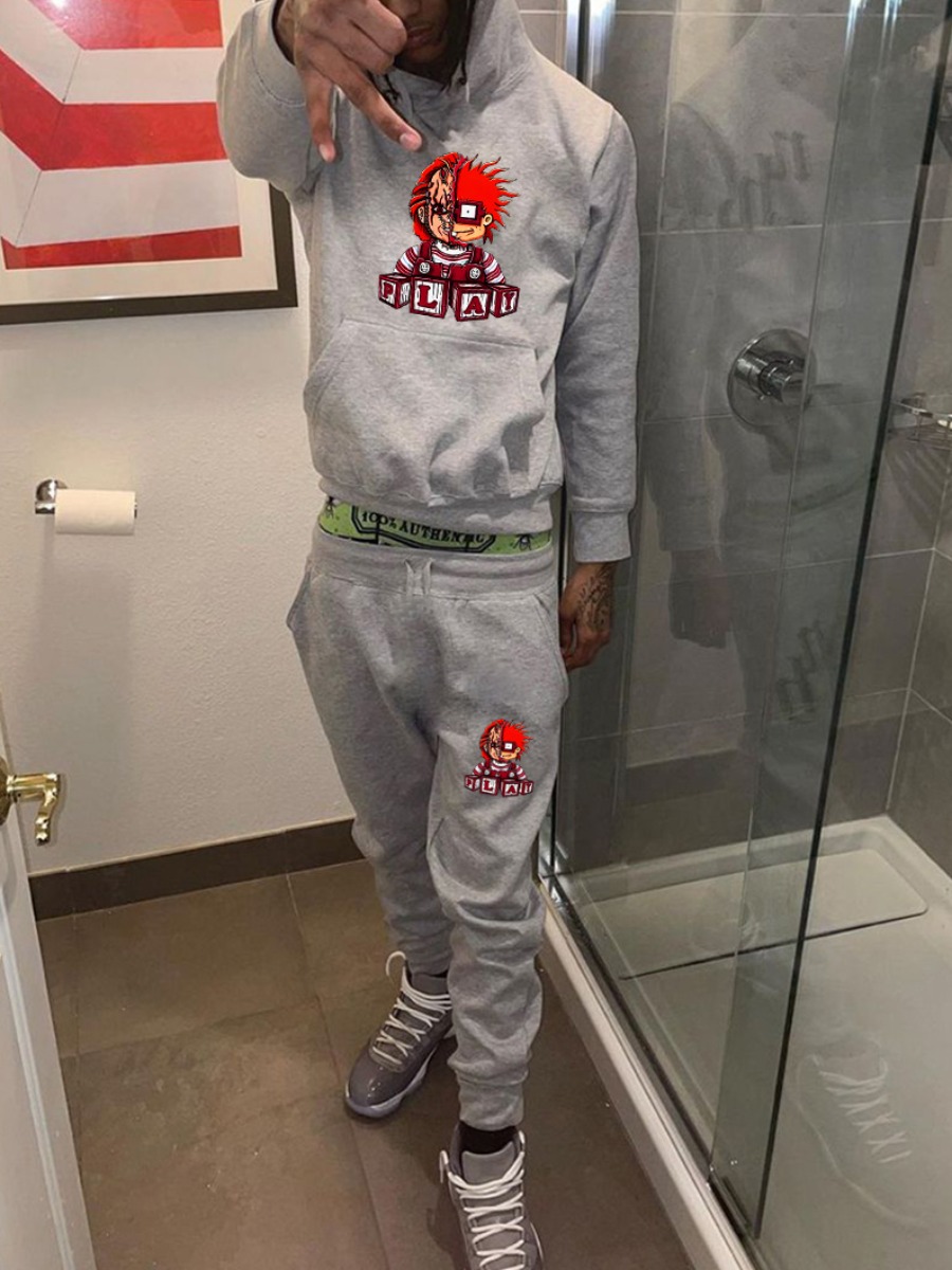 LovelyWholesale Men Figure Letter Print Kangaroo Pocket Tracksuit Set Fall Long Sleeve Casual Cartoon Hooded Collar Spring Summer 2024