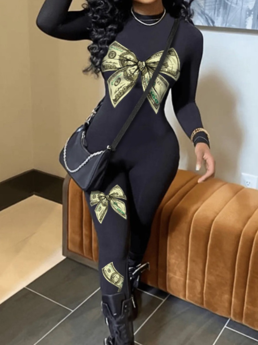 LW Plus Size Money Print Skinny Jumpsuit