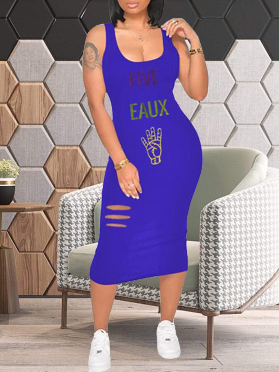 LW Letter Print Ripped Bodycon Cami Dress