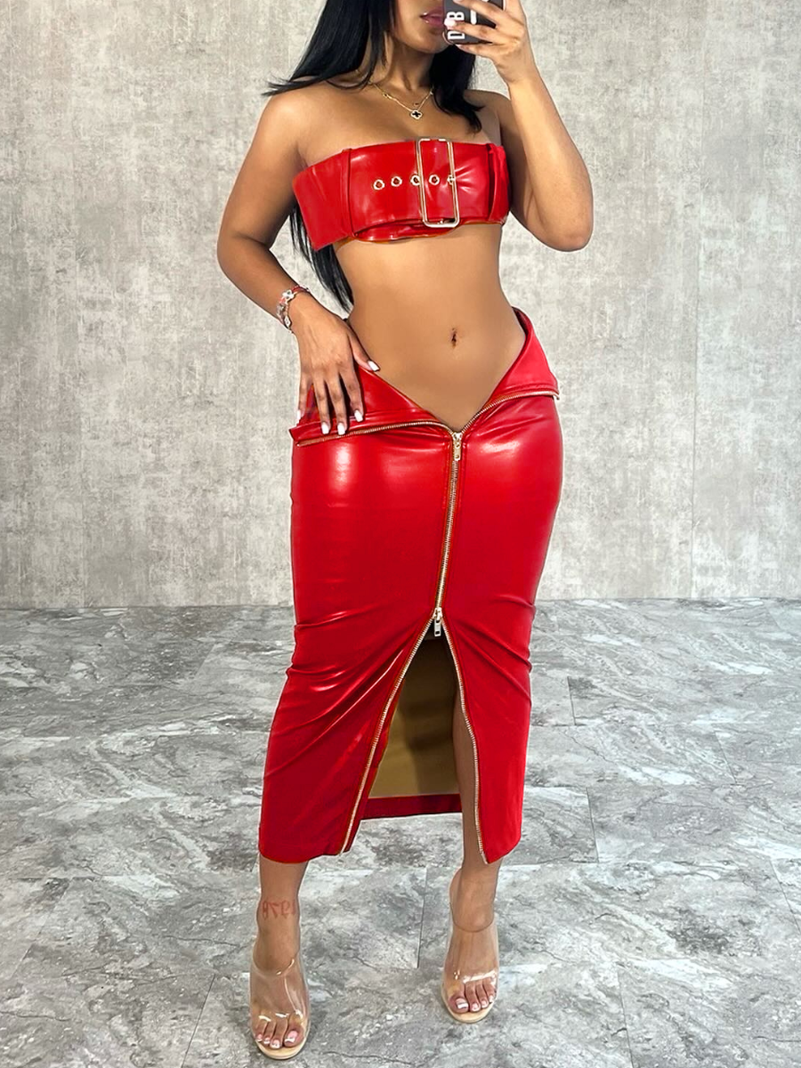 LW SXY Faux Leather Belt Zipper Design Skirt Set