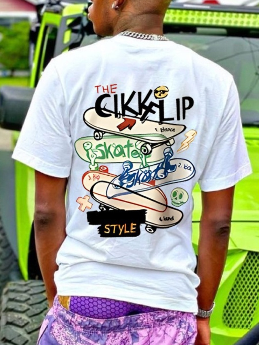 LovelyWholesale Men Graffiti Letter Print T-shirt Summer Short Sleeve Casual Pattern Round Neck Spring Summer 2024