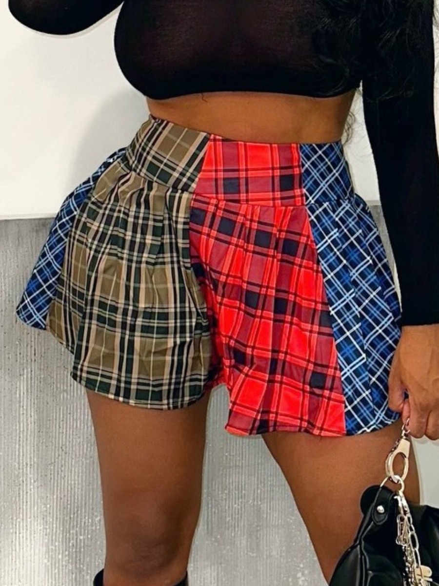 LovelyWholesale Plaid Print Patchwork Shorts Summer Nine Points Sleeve Street Asymmetrical Spring Summer 2024