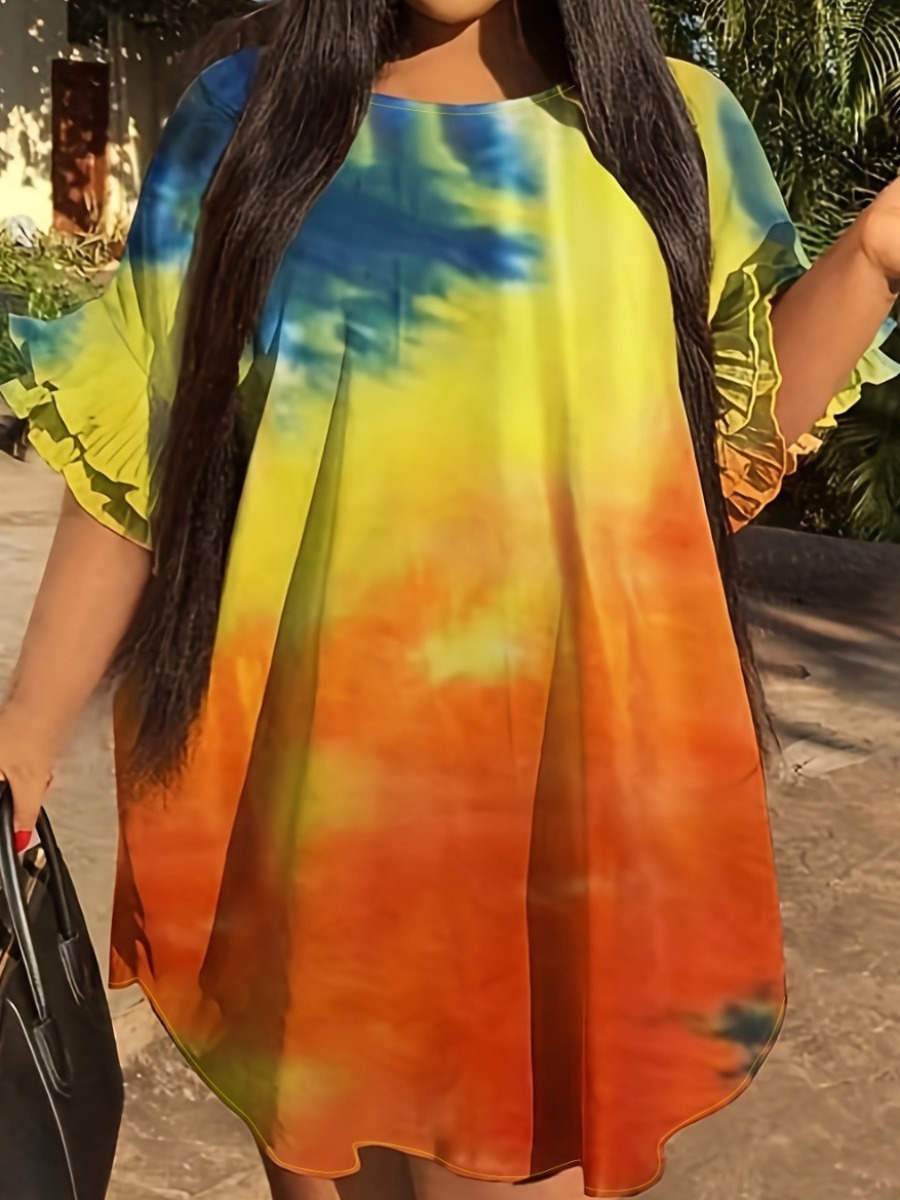 LW Plus Size Tie Dye Ruffle Design Loose Dress
