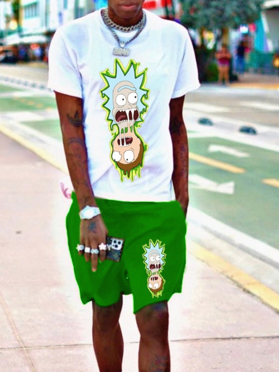 LovelyWholesale Men Cartoon Print Drawstring Shorts Set Summer Short Sleeve Casual Pattern Round Neck Spring Summer 2024