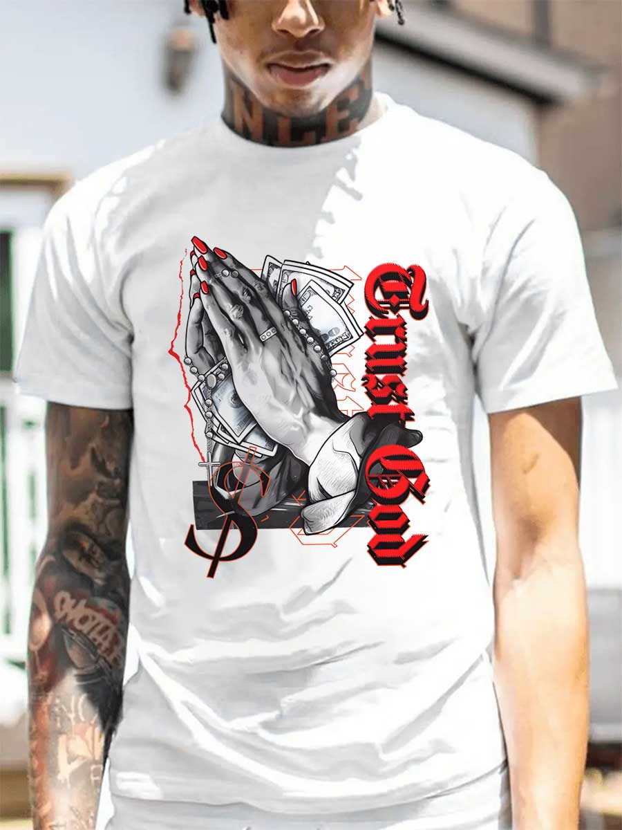 LovelyWholesale BASICS Men Money Palm Letter Print T-shirt Summer Short Sleeve Casual Pattern Round Neck Spring Summer 2024