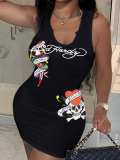 LW Skull Head Letter Print Bodycon Cami Dress