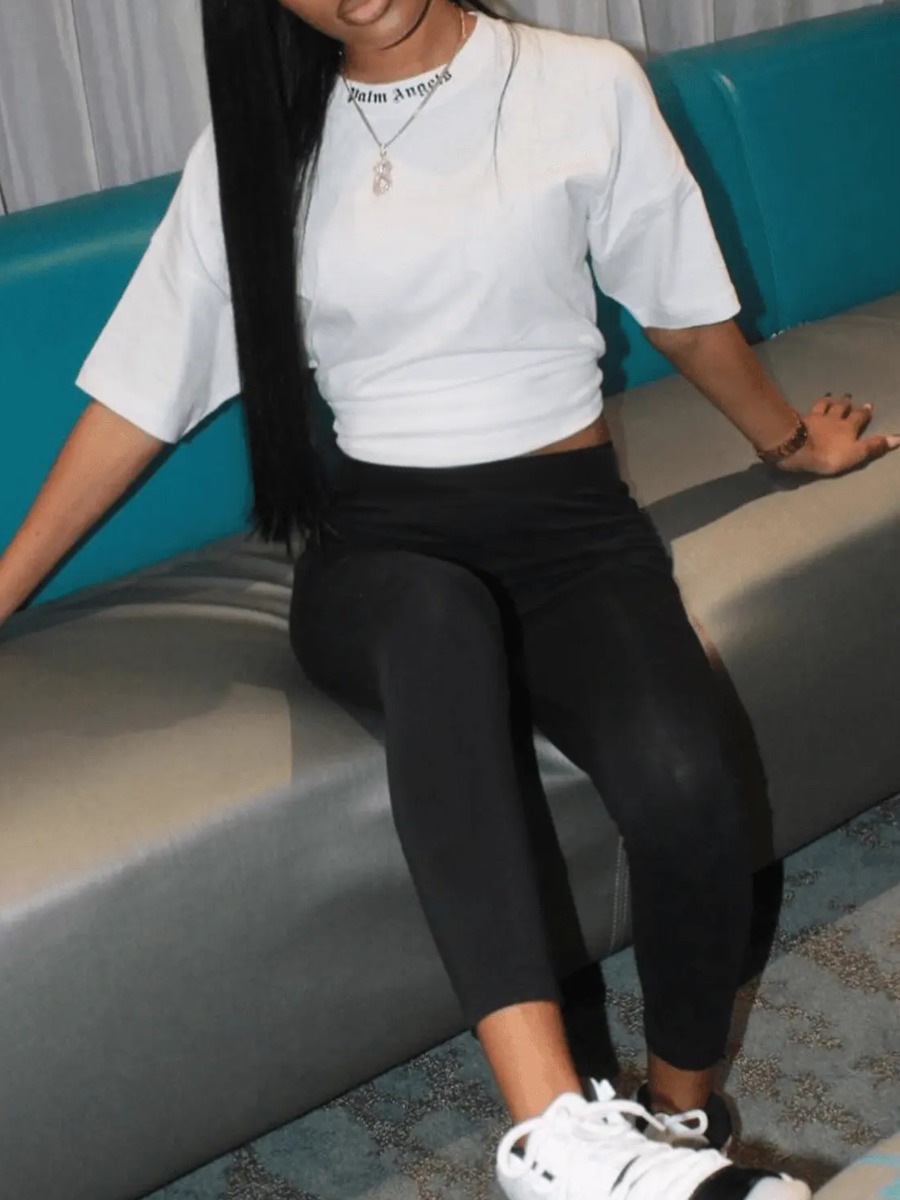 LovelyWholesale Letter Print Skinny Pants Set Spring Short Sleeve Casual Pattern Round Neck Spring Summer 2024