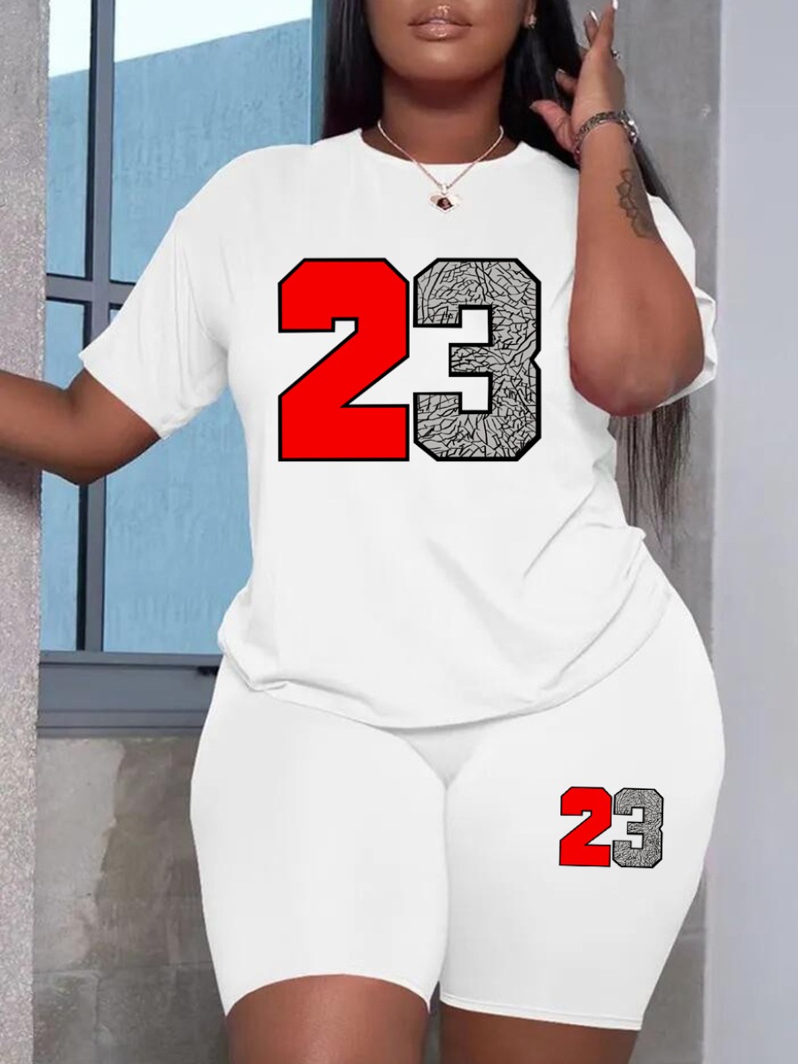 LovelyWholesale Plus Size Round Neck Number 23 Print Shorts Set Summer Short Sleeve Casual Pattern Round Neck  3X Spring Summer 2024