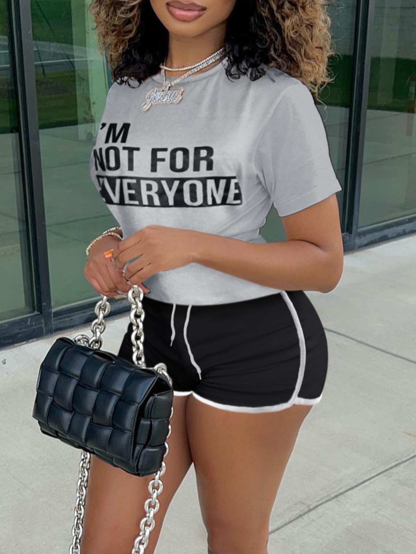 LW Letter Print Drawstring Shorts Set