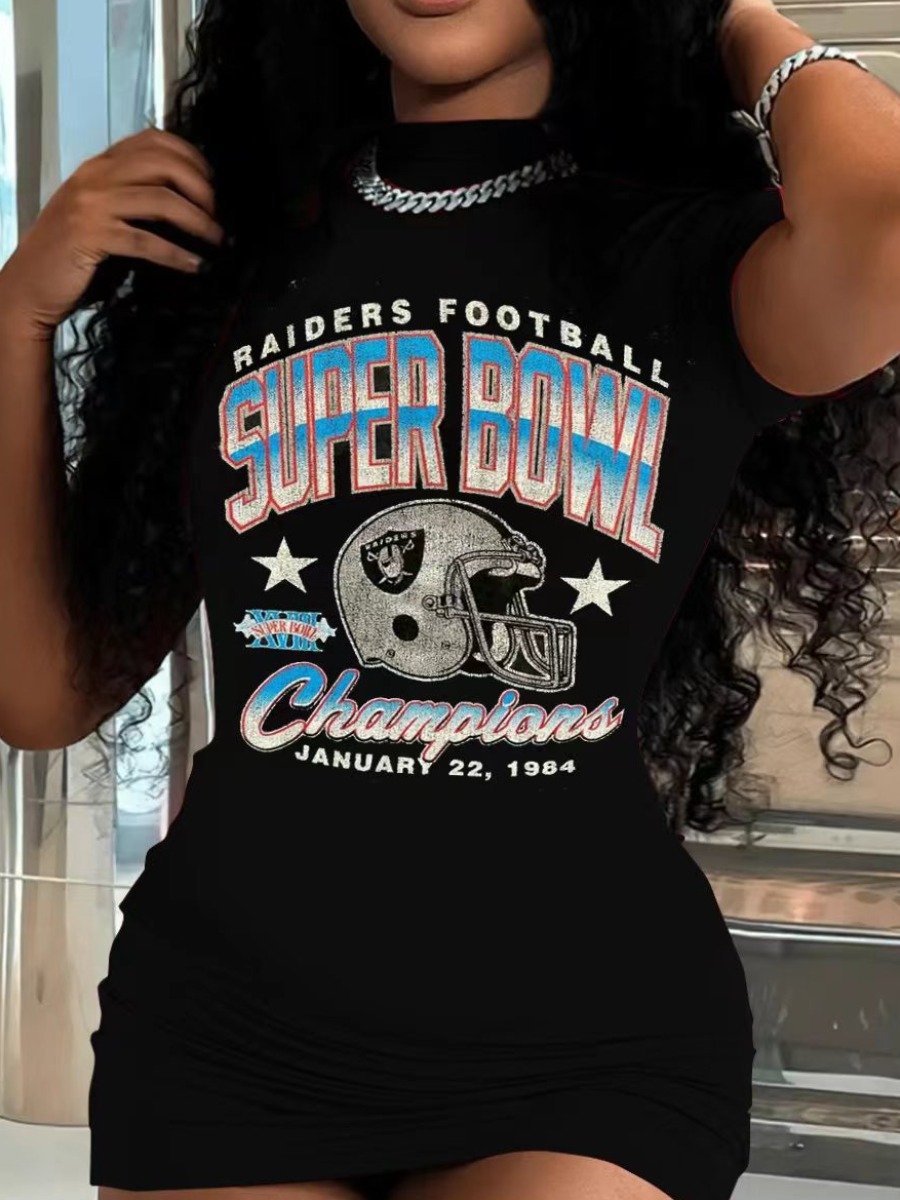 LovelyWholesale Star Letter Print T-shirt Dress Summer Short Sleeve Casual Pattern Round Neck Spring Summer 2024