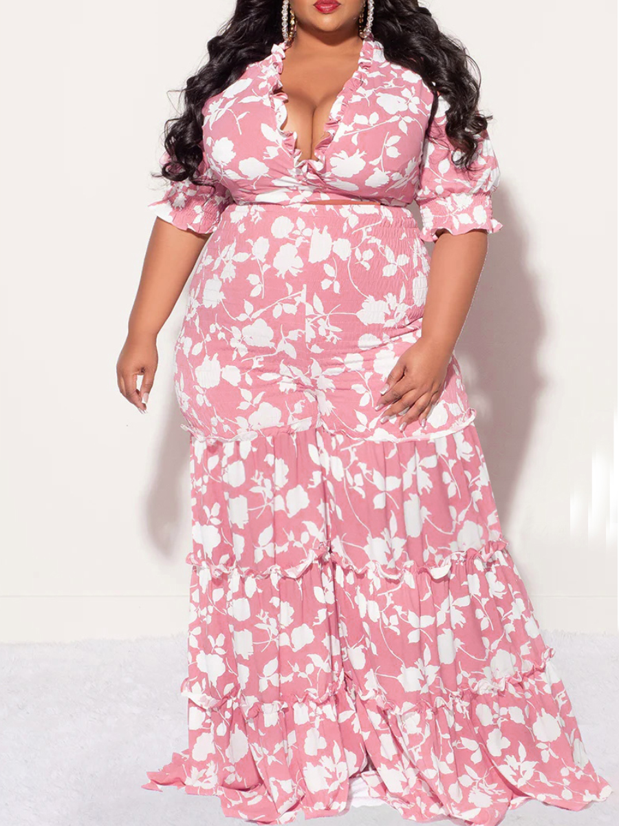 LovelyWholesale Plus Size Floral Print Shirred Ruffle Design Pants Set Spring Short Sleeve Casual Ruched Turndown Collar  3X Spring Summer 2024