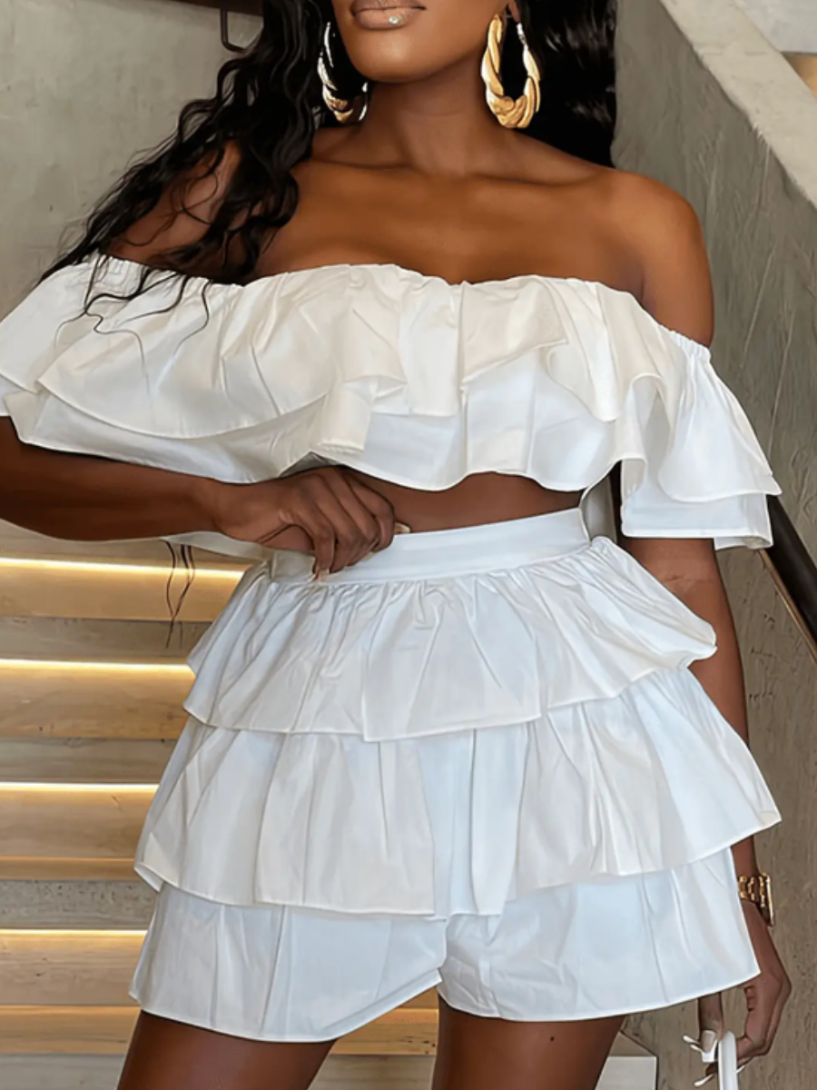 LovelyWholesale Plus Size Off The Shoulder Layered Cascading Romper Summer Short Sleeve Vacation Ruffle Bateau Neck  3X Spring Summer 2024