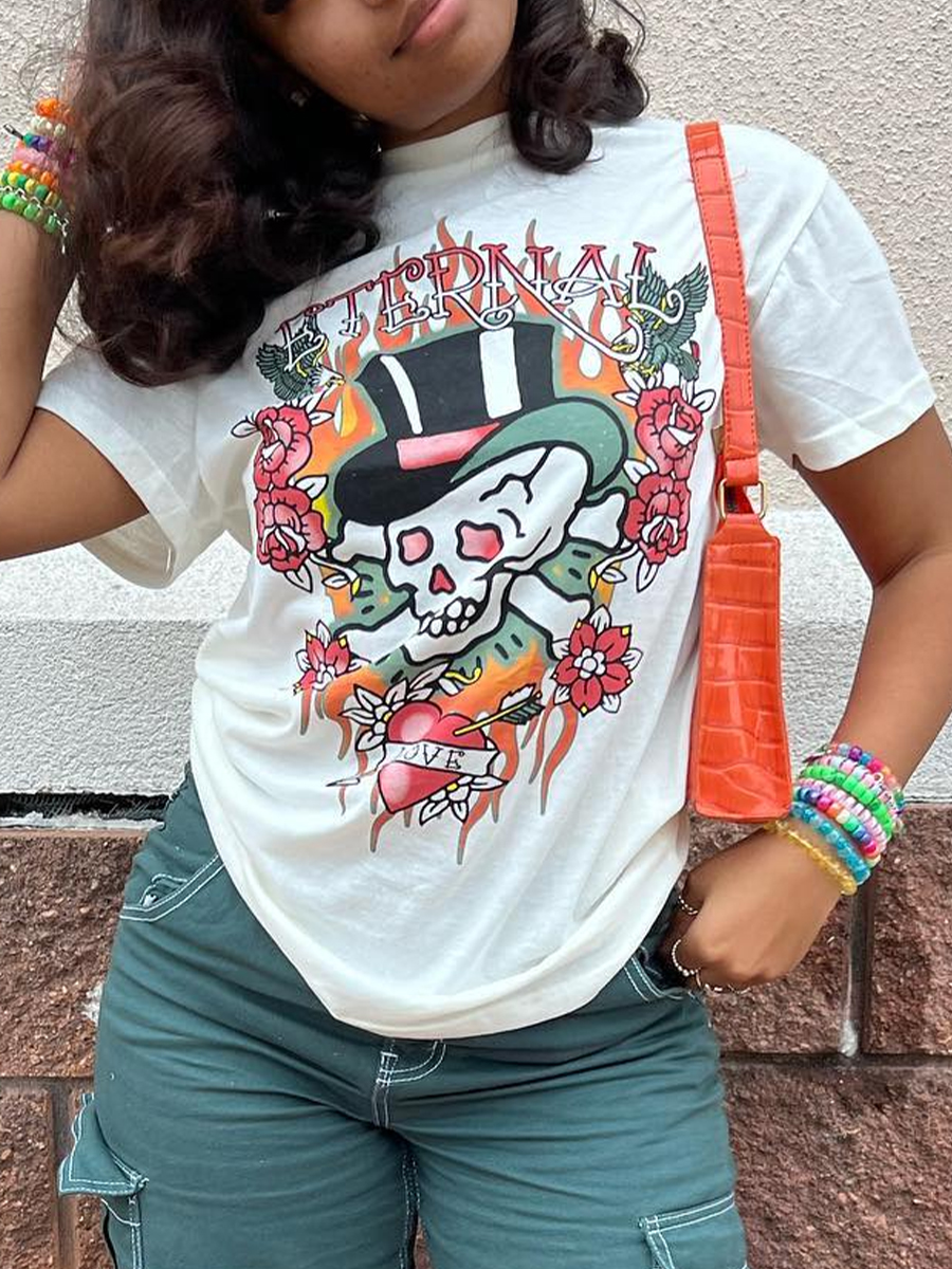 LovelyWholesale Skull Head Letter Print T-shirt Summer Short Sleeve Street Pattern Round Neck Spring Summer 2024