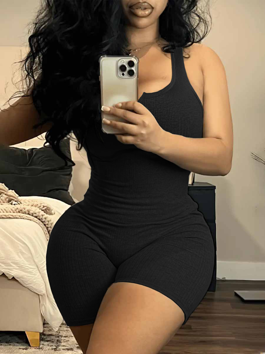 LovelyWholesale BASICS Plus Size Rib Knit Cami Romper Summer Sleeveless Casual Solid Color V Neck  3X Spring Summer 2024