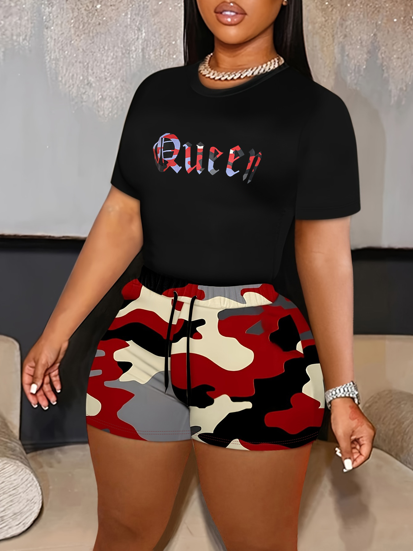 LW BASICS Camo Queen Letter Print Shorts Set