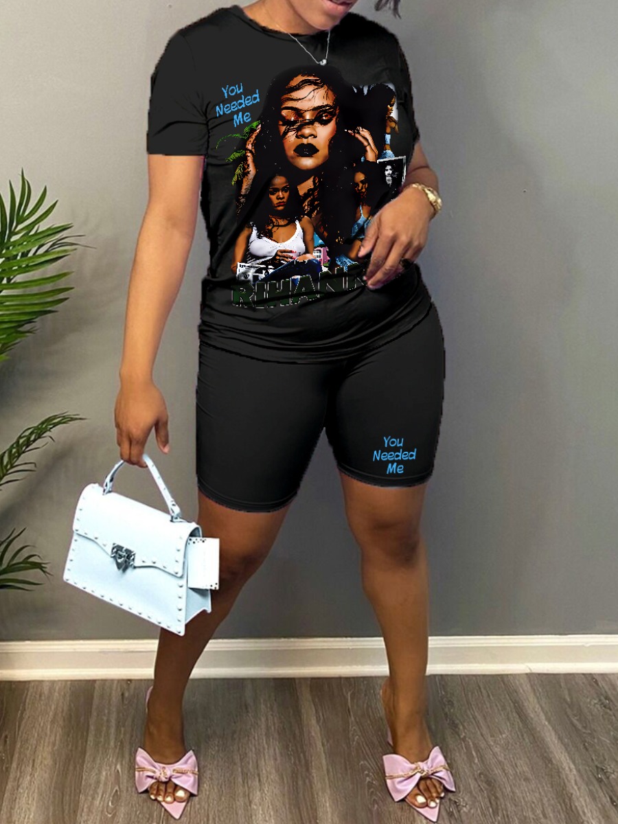 LovelyWholesale Plus Size Figure Letter Print Shorts Set Summer Short Sleeve Casual Pattern Round Neck  5X Spring Summer 2024