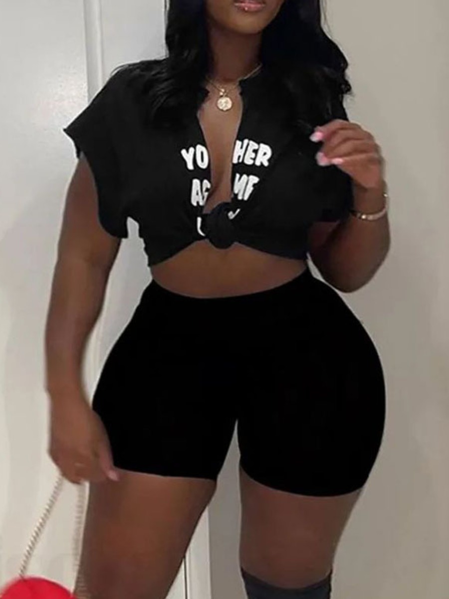 LW Plus Size Letter Print Front Split Shorts Set