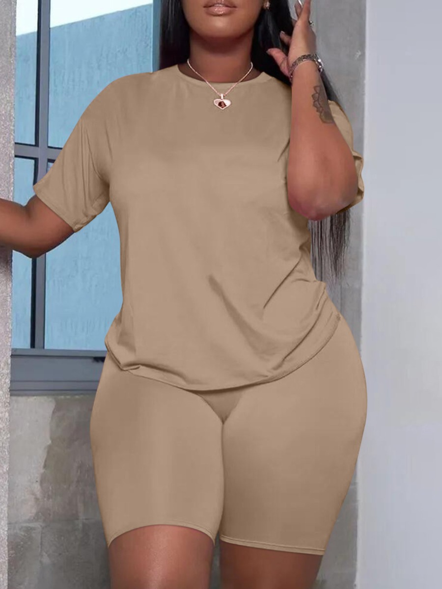 LW Plus Size Round Neck Plain Regular Fit Shorts Set