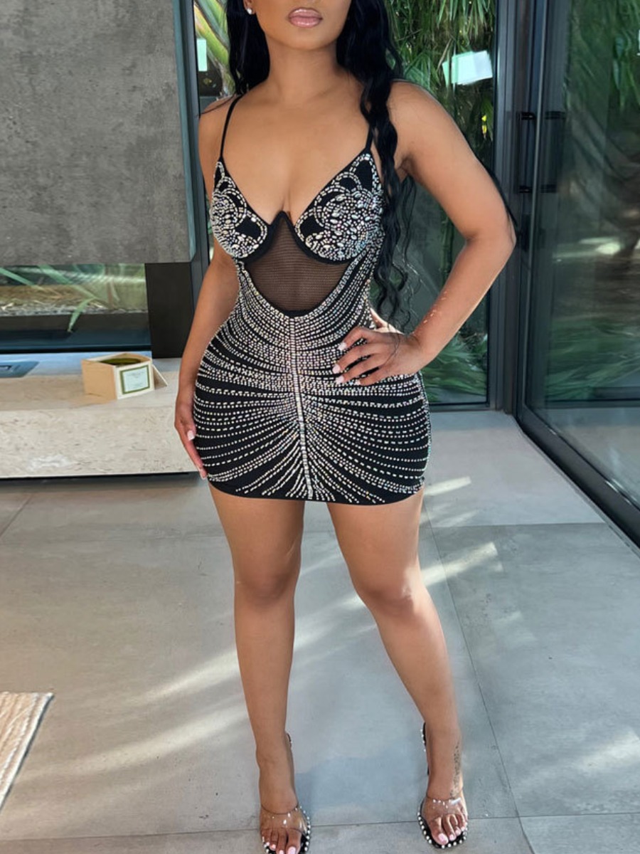 LovelyWholesale SXY Plus Size Rhinestone Decor Cami Prom Dress All Seasons Sleeveless Sxy Hot Drilling U Neck Spring Summer 2024