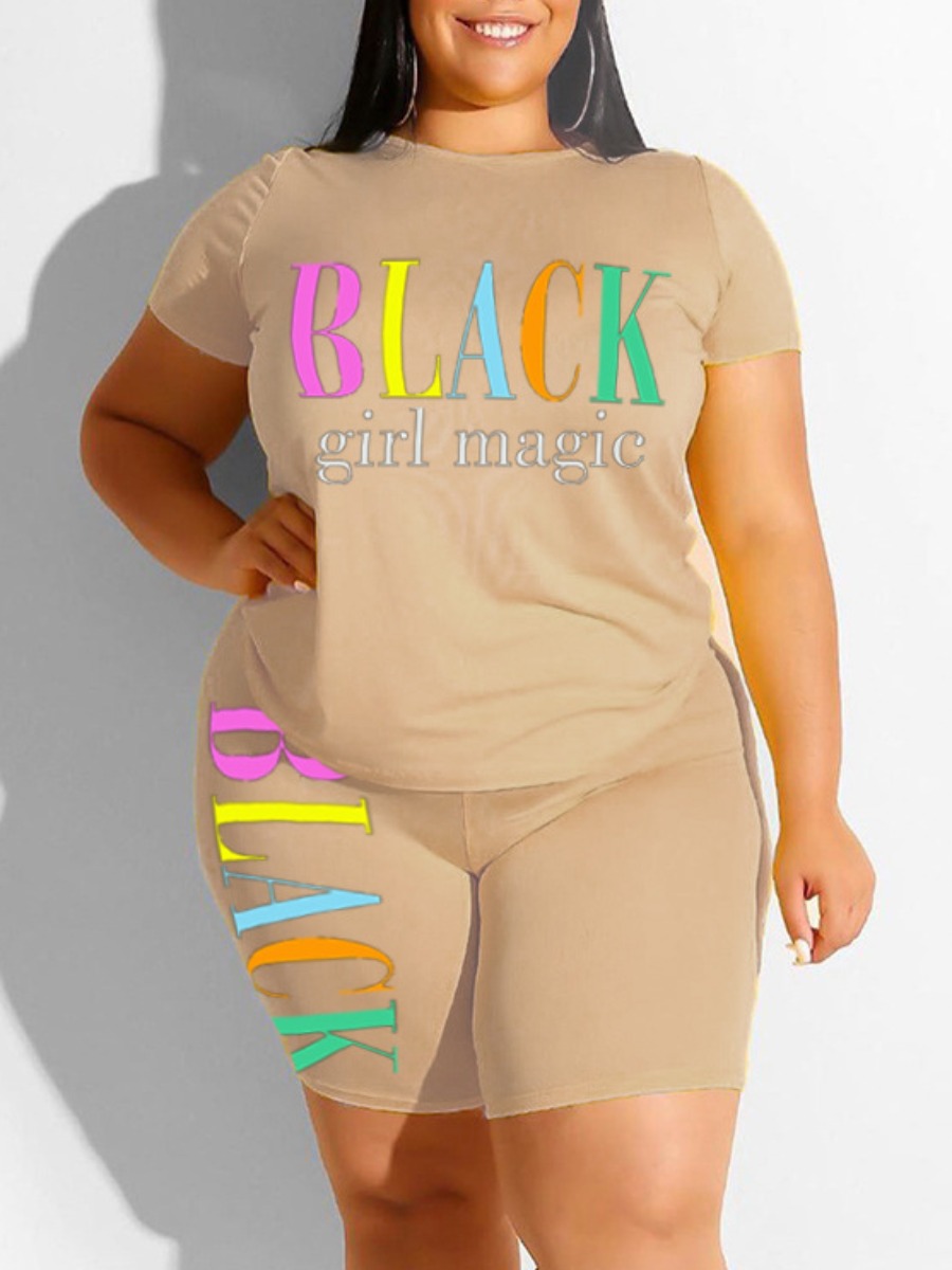 LW Plus Size Letter Print Patchwork Shorts Set