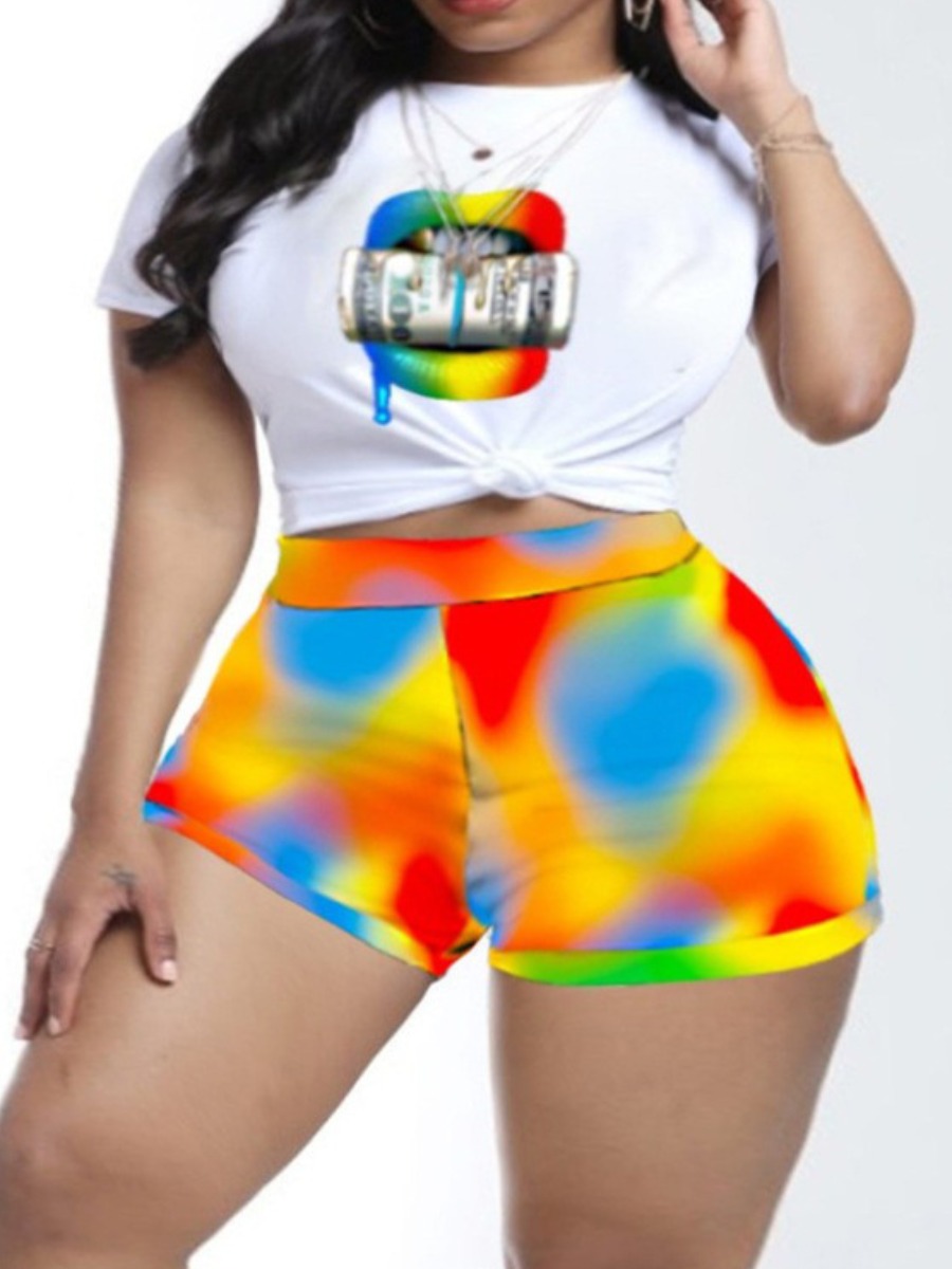 LW Plus Size Lip Money Print Tie Dye Shorts Set 1X