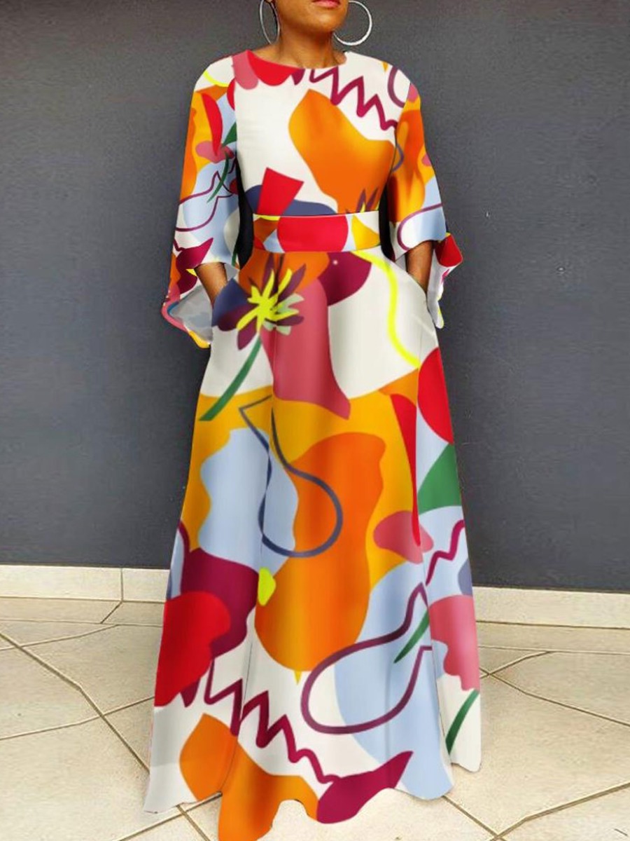 LovelyWholesale Plus Size Floral Print Patchwork A Line Dress Summer Half Sleeve Elegant Pattern Round Neck  3X Spring Summer 2024