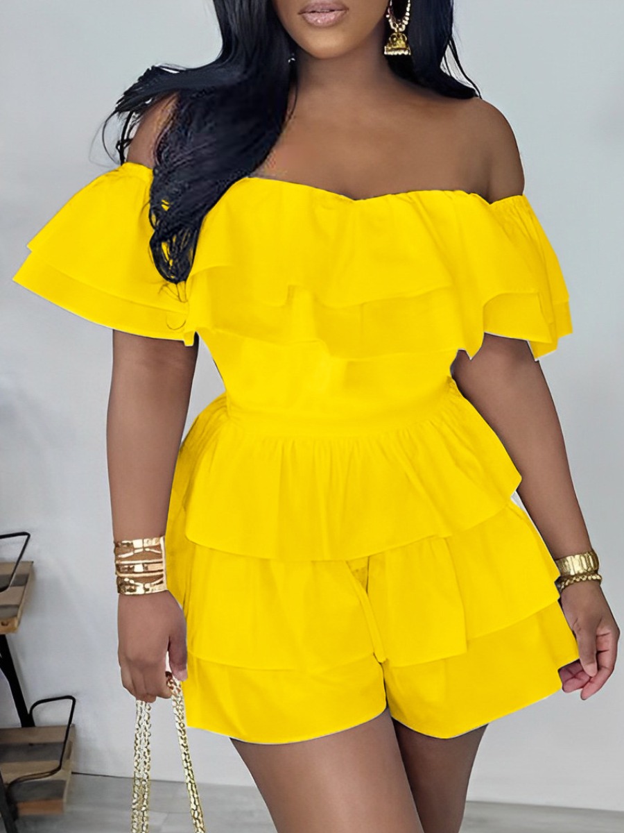 LW Plus Size Off The Shoulder Layered Cascading Flounce Design Romper