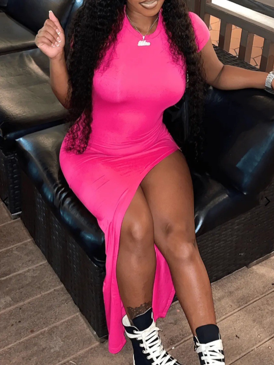 LW BASICS Round Neck Thigh Slit Bodycon Dress