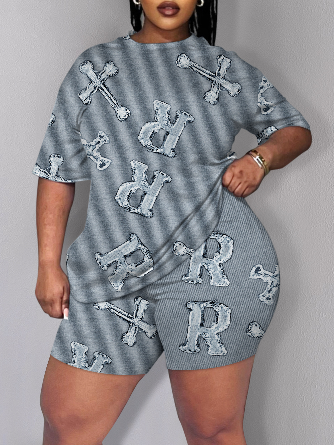 LW BASICS Plus Size Cross Letter Decor Shorts Set