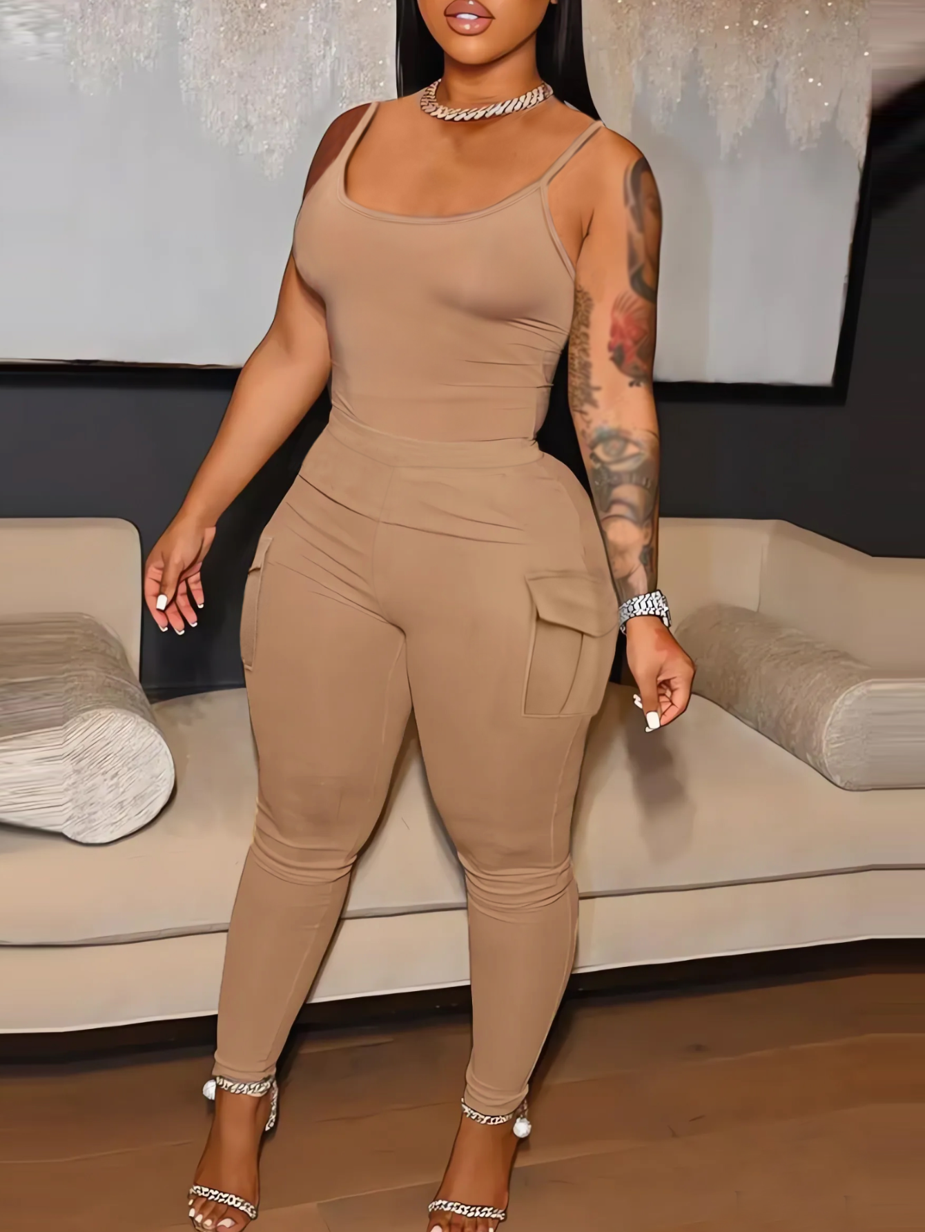 LW BASICS Plus Size Cami Side Pocket High Waist Pants Set