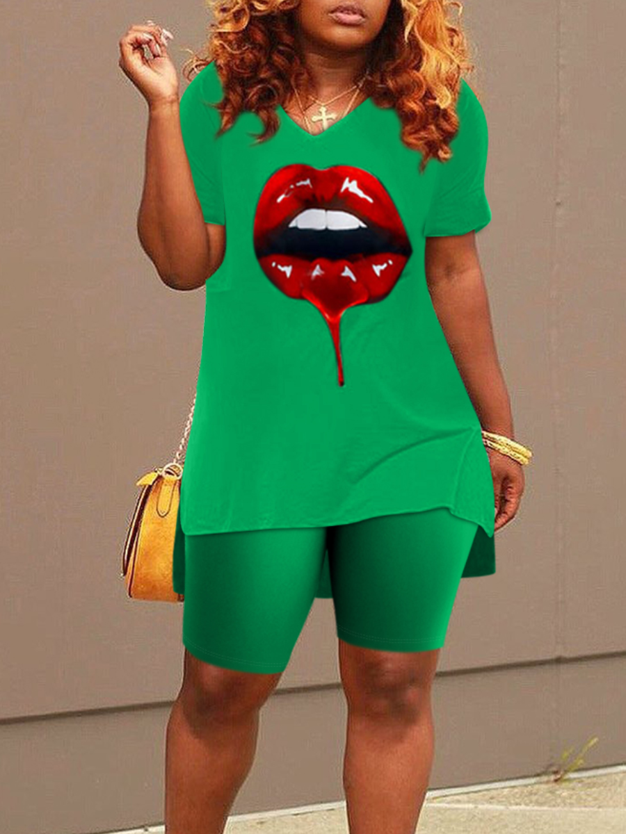 LW Plus Size Lip Print Side Split Shorts Set